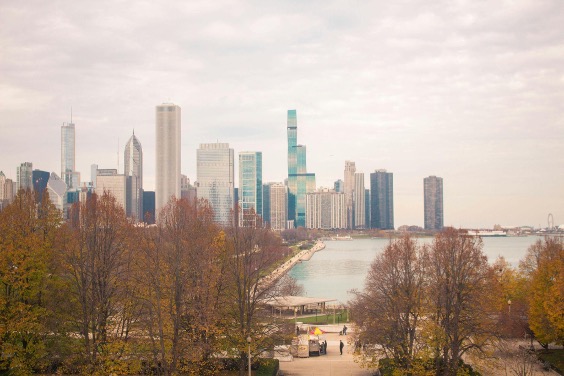From the south looking north, slices of Lake Michigan are seen through trees with buildings popping up in the background, including The St. Regis Chicago