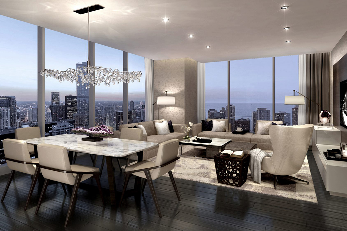 St. Regis Chicago luxury condo dining room and living area with floor to ceiling windows and city views