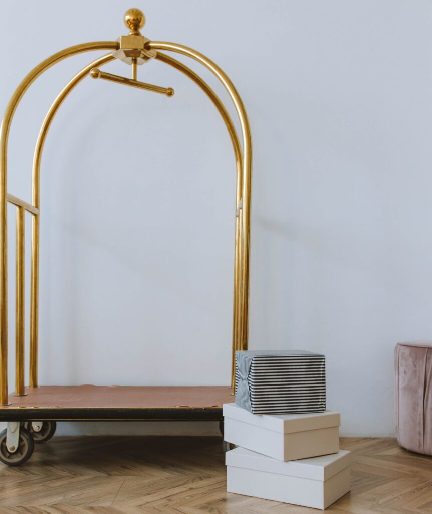 Hotel luggage cart with three boxes