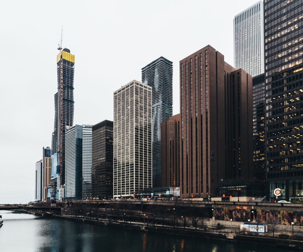 View from the northwest looking southeast on the Chicago River looking at when The St. Regis building was being built in Chicago