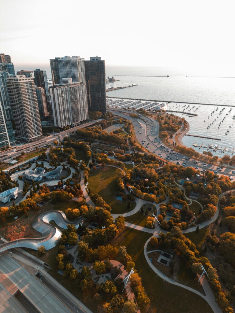 Looking north to the New East Side Chicago and Lakeshore East Park from Millennium Park and Maggie Daley Park