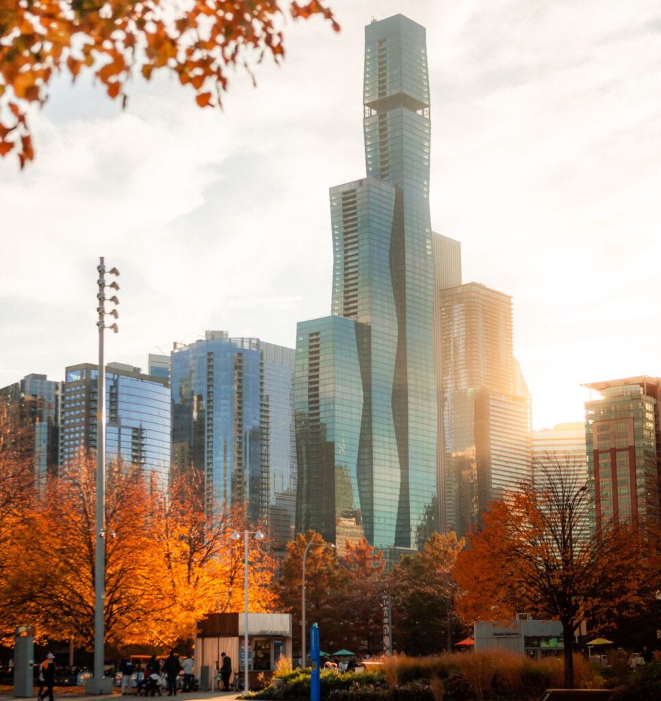 Autumn scene from Lakeshore East looking to the St. Regis Chicago building