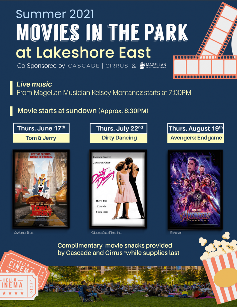 Dark blue bulletin with yellow and white text announcing the upcoming shows at Movies in the Park at Lakeshore East: June 17: Tom & Jerry, July 22: Dirty Dancing, August 19: Avengers: Endgame